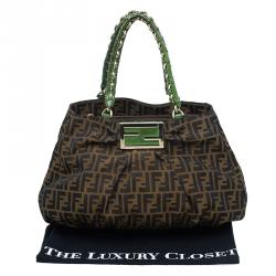 Pre Owned Fendi Tobacco/Green Zucca Canvas Large Mia Shoulder Bag