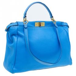 Pre Owned Fendi Blue Selleria Leather Large Peekaboo Top Handle Bag