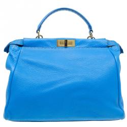Pre Owned Fendi Blue Selleria Leather Large Peekaboo Top Handle Bag