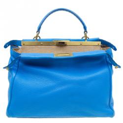 Pre Owned Fendi Blue Selleria Leather Large Peekaboo Top Handle Bag