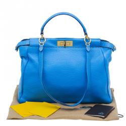 Pre Owned Fendi Blue Selleria Leather Large Peekaboo Top Handle Bag