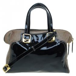 Pre Owned Fendi Black Patent Leather and Canvas Small Chameleon Satchel