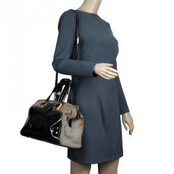 Pre Owned Fendi Black Patent Leather and Canvas Small Chameleon Satchel