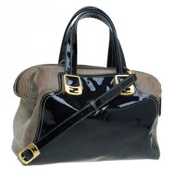 Pre Owned Fendi Black Patent Leather and Canvas Small Chameleon Satchel