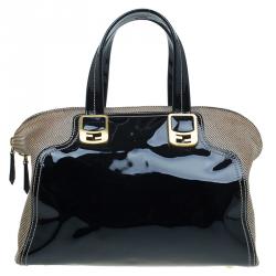 Pre Owned Fendi Black Patent Leather and Canvas Small Chameleon Satchel