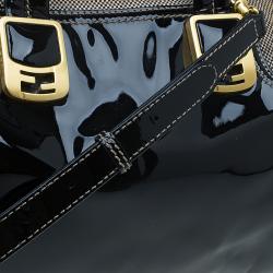 Pre Owned Fendi Black Patent Leather and Canvas Small Chameleon Satchel