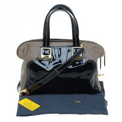 Pre Owned Fendi Black Patent Leather and Canvas Small Chameleon Satchel