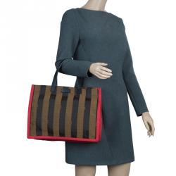 Pre Owned Fendi Tobacco/Red Pequin Canvas Simply Shopping Tote