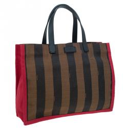 Pre Owned Fendi Tobacco/Red Pequin Canvas Simply Shopping Tote