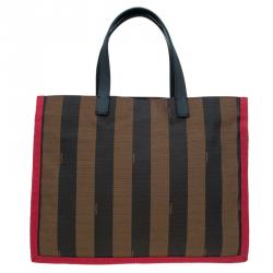 Pre Owned Fendi Tobacco/Red Pequin Canvas Simply Shopping Tote