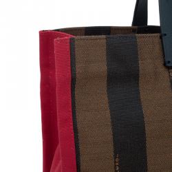 Pre Owned Fendi Tobacco/Red Pequin Canvas Simply Shopping Tote