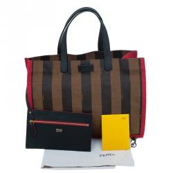 Pre Owned Fendi Tobacco/Red Pequin Canvas Simply Shopping Tote