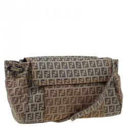 Pre Owned Fendi Beige/Brown Zucchino Coated Canvas Drawstring Flap Crossbody Bag