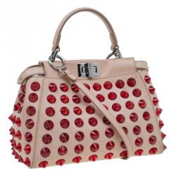 Pre Owned Fendi Pink/Red Leather Mini Studded Peekaboo Top Handle Bag