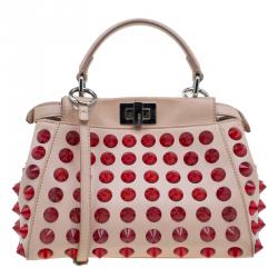 Pre Owned Fendi Pink/Red Leather Mini Studded Peekaboo Top Handle Bag