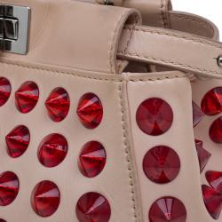 Pre Owned Fendi Pink/Red Leather Mini Studded Peekaboo Top Handle Bag