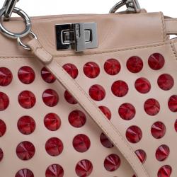 Pre Owned Fendi Pink/Red Leather Mini Studded Peekaboo Top Handle Bag