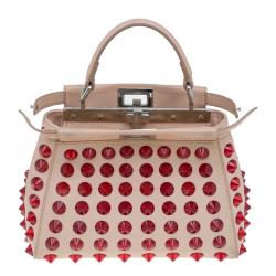 Pre Owned Fendi Pink/Red Leather Mini Studded Peekaboo Top Handle Bag