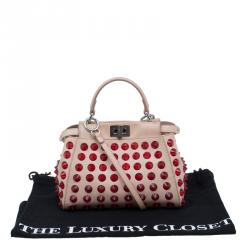 Pre Owned Fendi Pink/Red Leather Mini Studded Peekaboo Top Handle Bag