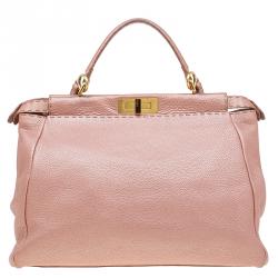 Pre Owned Fendi Metallic Pink Selleria Leather Large Peekaboo Top Handle Bag