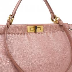 Pre Owned Fendi Metallic Pink Selleria Leather Large Peekaboo Top Handle Bag