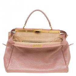 Pre Owned Fendi Metallic Pink Selleria Leather Large Peekaboo Top Handle Bag
