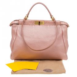 Pre Owned Fendi Metallic Pink Selleria Leather Large Peekaboo Top Handle Bag