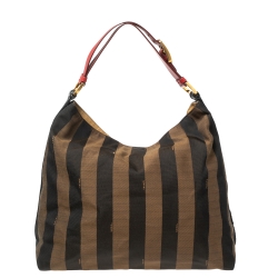 Pre Owned Fendi Tobacco/Red Pequin Striped Canvas and Leather Large Hobo