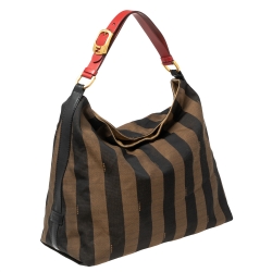 Pre Owned Fendi Tobacco/Red Pequin Striped Canvas and Leather Large Hobo