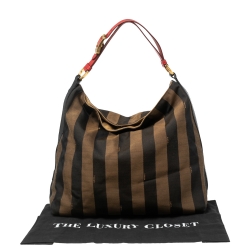 Pre Owned Fendi Tobacco/Red Pequin Striped Canvas and Leather Large Hobo
