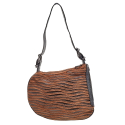 Pre Owned Fendi Brown/Black Wool/Lizard and Wooden Patchwork Oyster Bag