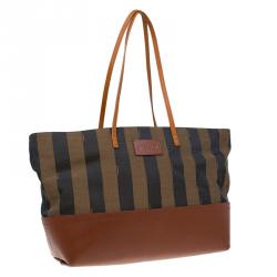 Pre Owned Fendi Tobacco/Brown Pequin Striped Canvas and Leather Roll Tote