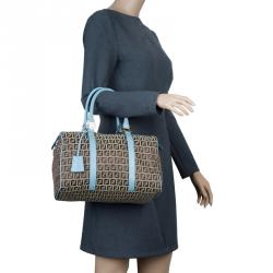 Pre Owned Fendi Blue and Beige Zucchino Canvas Forever Bauletto Boston Bag