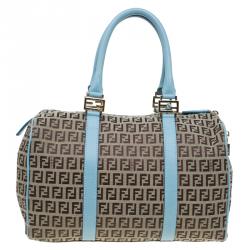 Pre Owned Fendi Blue and Beige Zucchino Canvas Forever Bauletto Boston Bag