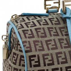 Pre Owned Fendi Blue and Beige Zucchino Canvas Forever Bauletto Boston Bag
