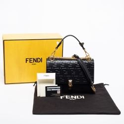 Pre Owned Fendi Black Leather Kan I Logo Embossed Top Handle Shoulder Bag