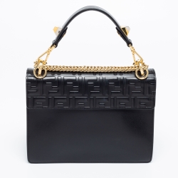 Pre Owned Fendi Black Leather Kan I Logo Embossed Top Handle Shoulder Bag