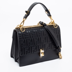 Pre Owned Fendi Black Leather Kan I Logo Embossed Top Handle Shoulder Bag