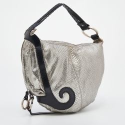 Pre Owned Fendi Silver/Black Python and Leather Oyster Hobo