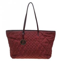 Pre Owned Fendi Red Zucca Quilted Canvas Roll Tote 