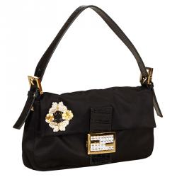 Pre Owned Fendi Black Satin Baguette Shoulder Bag