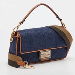 Fendi Navy Blue Canvas and Leather Baguette Bag