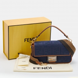Fendi Navy Blue Canvas and Leather Baguette Bag