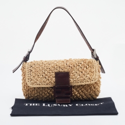 Fendi Beige/Dark Brown Raffia And Leather Baguette Bag