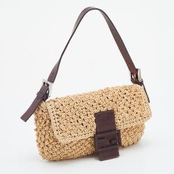 Fendi Beige/Dark Brown Raffia And Leather Baguette Bag