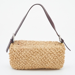 Fendi Beige/Dark Brown Raffia And Leather Baguette Bag