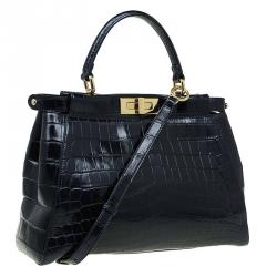 Pre Owned Fendi Black Crocodile Medium Peekaboo Top Handle Bag