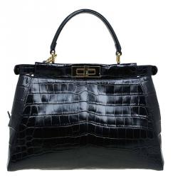Pre Owned Fendi Black Crocodile Medium Peekaboo Top Handle Bag