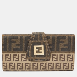 Pre Owned Fendi Beige Zucchino Coated Canvas FF Flap Continental Wallet