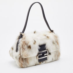 Fendi White/Brown Rabbit Fur Baguette Bag